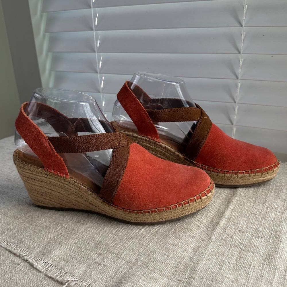 Born Drilles Burnt Orange Suede Espadrille Wedge Sandals Brown Elastic Straps 9